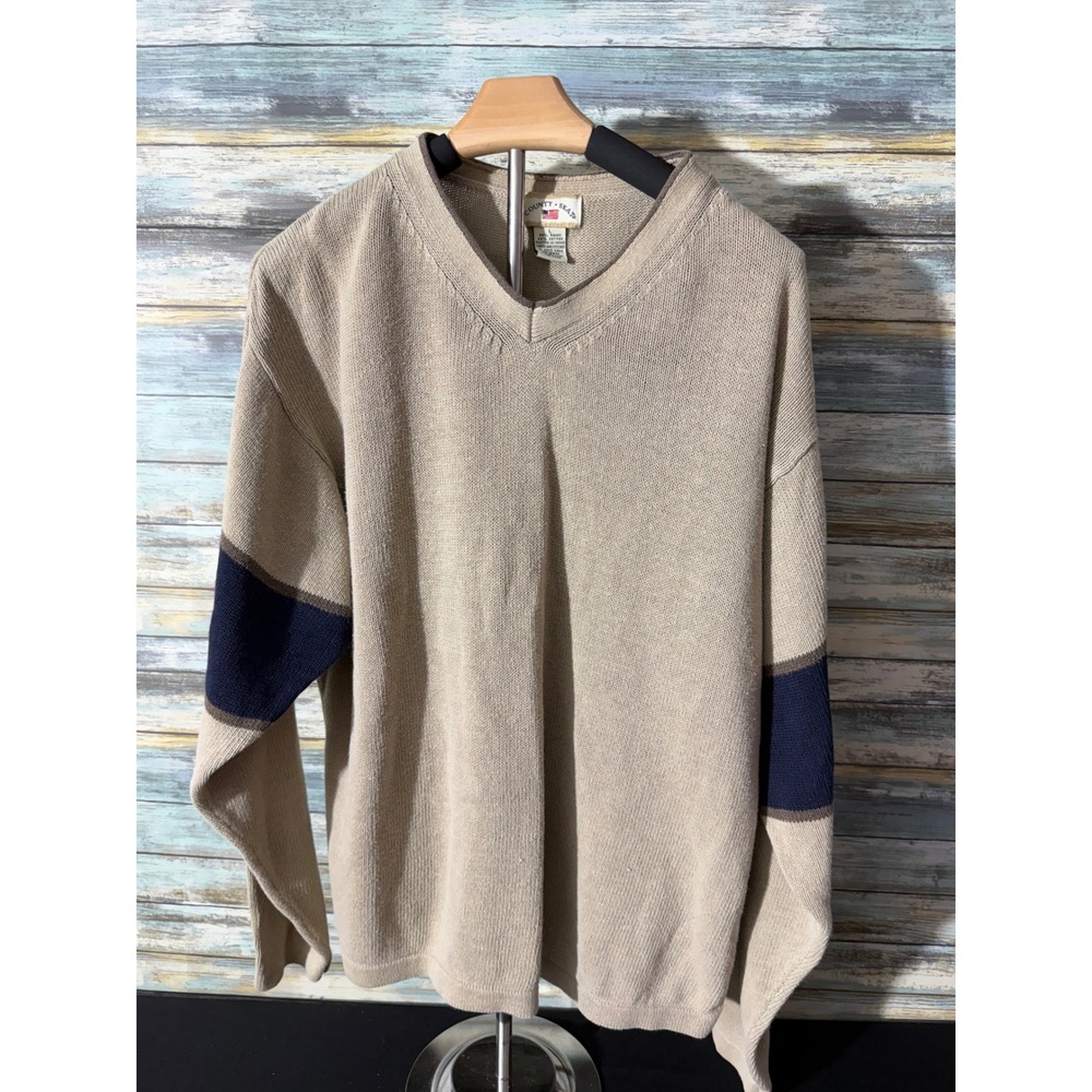 County Seat V-Neck Sweater Large Tan Navy Excellent Vintage Ramie Cotton Knit